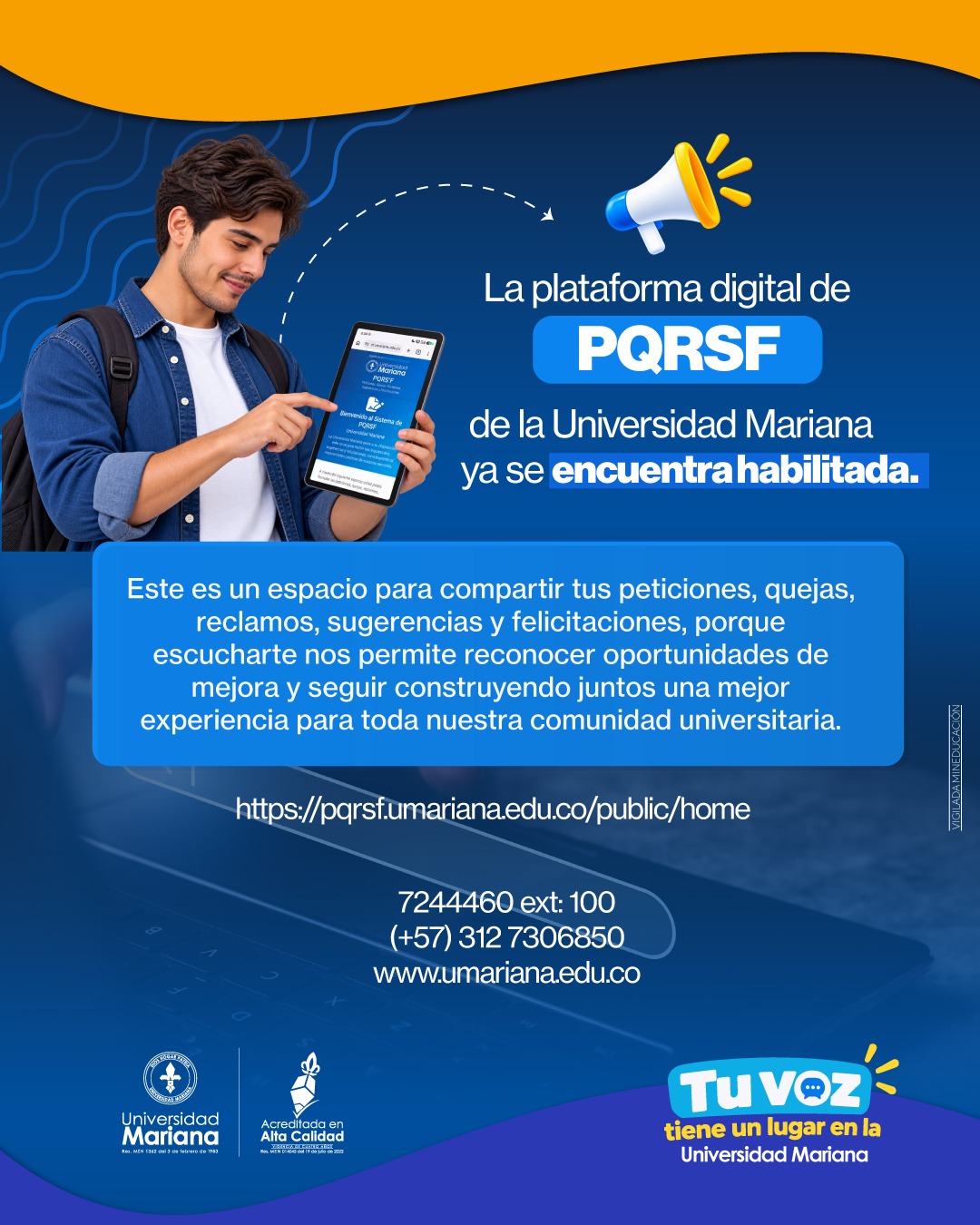Tu voz tiene un lugar en la Universidad Mariana. Muy pronto, plataforma digital de PQRSF